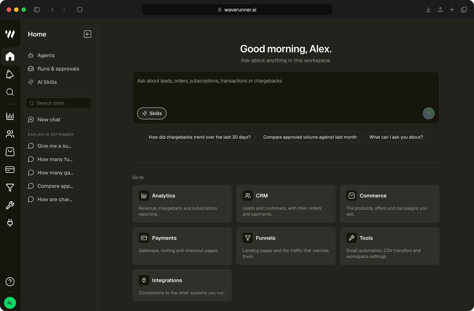 Waverunner workspace home in a browser window, with the assistant prompt and the Analytics, CRM, Commerce, Payments, Funnels, Tools and Integrations areas