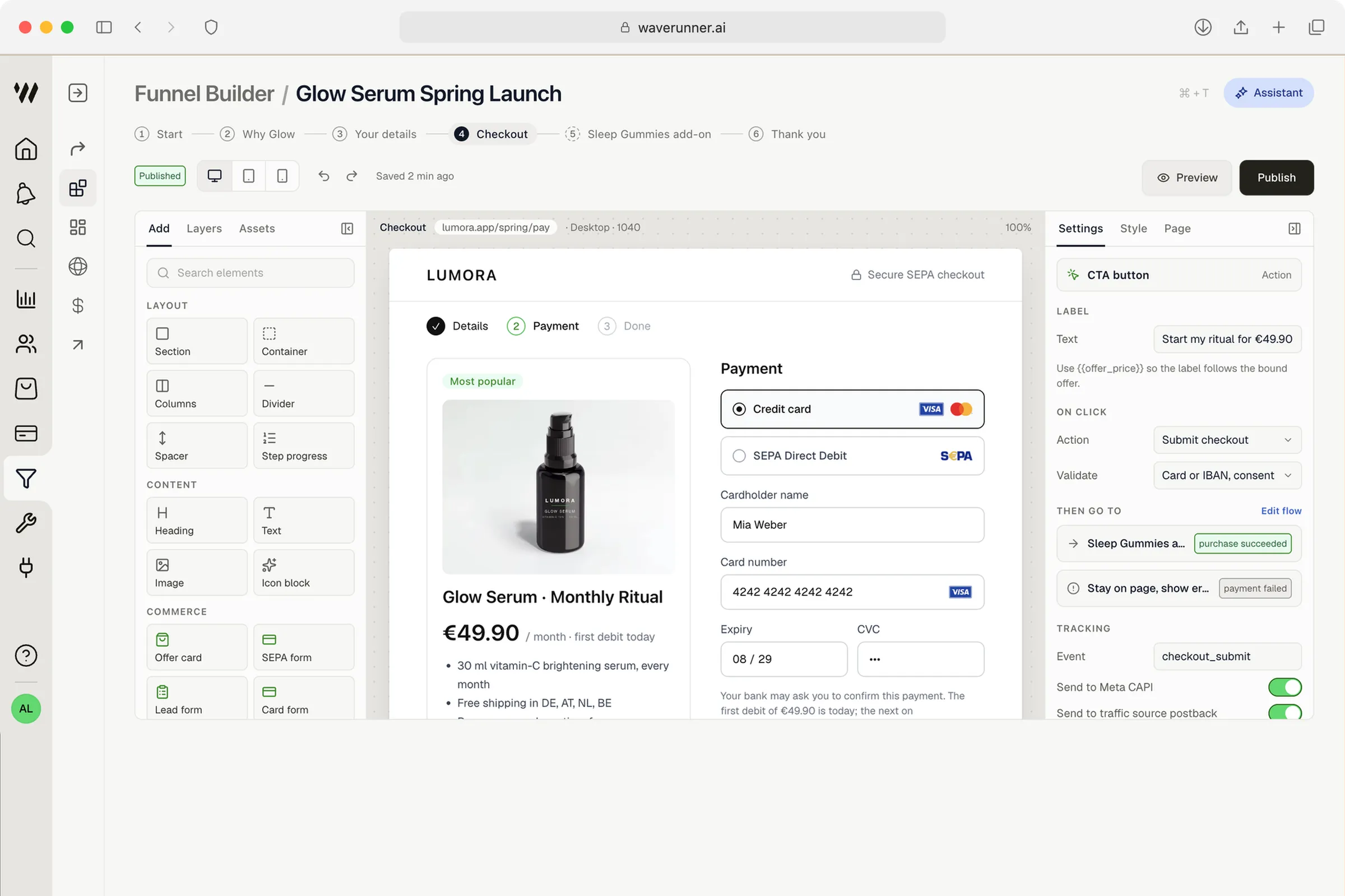 Waverunner funnel builder editing a checkout step