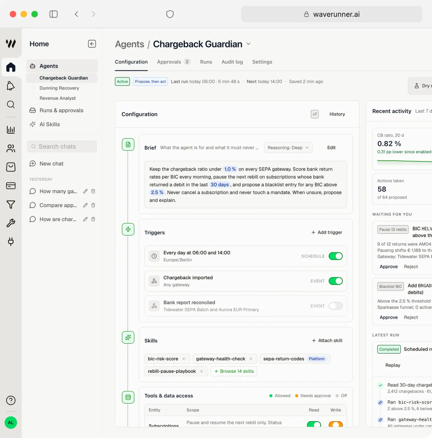 Waverunner assistant home with agents, runs and approvals, and a question box over the workspace data