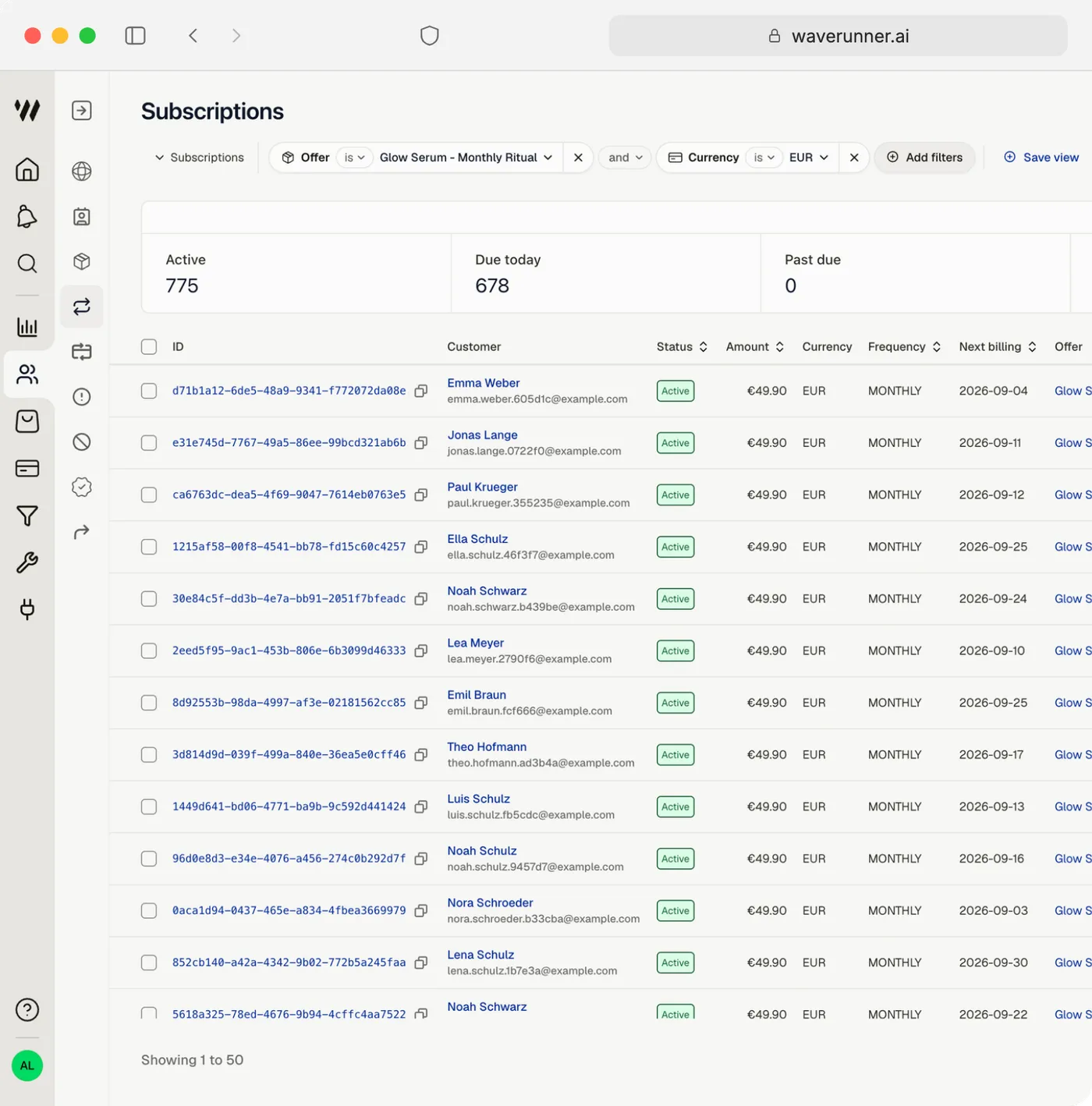 Waverunner CRM subscriptions list filtered by offer, with status, next billing date and gateway per customer