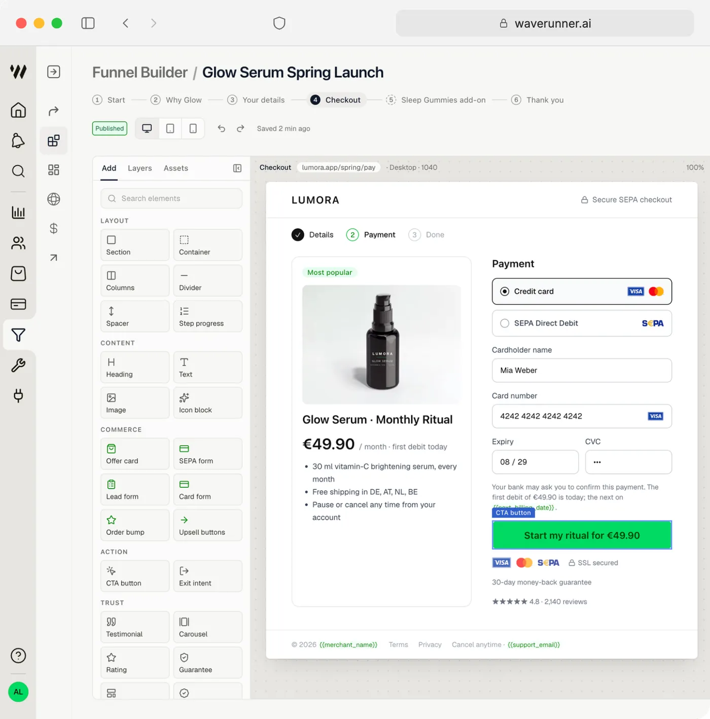 Waverunner funnel builder editing a checkout step